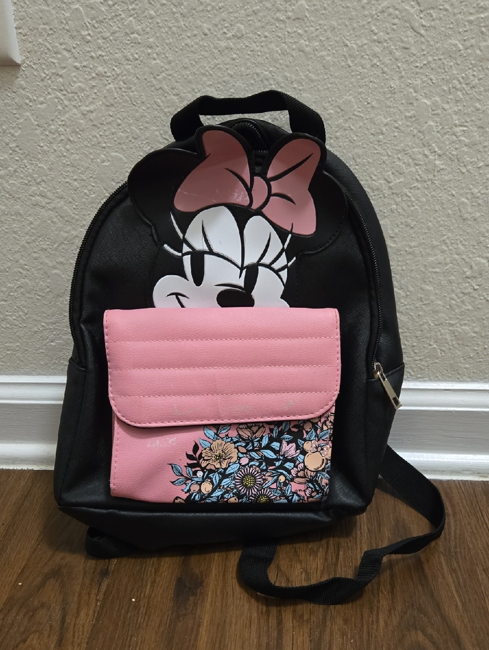 Disney Black and Pink Minnie Mouse Floral Front Pocket Backpack